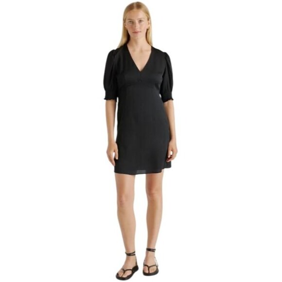Quince Washable Stretch Silk Puff Sleeve Mini Dress Womens Size L Minimalist Blk - Picture 1 of 11